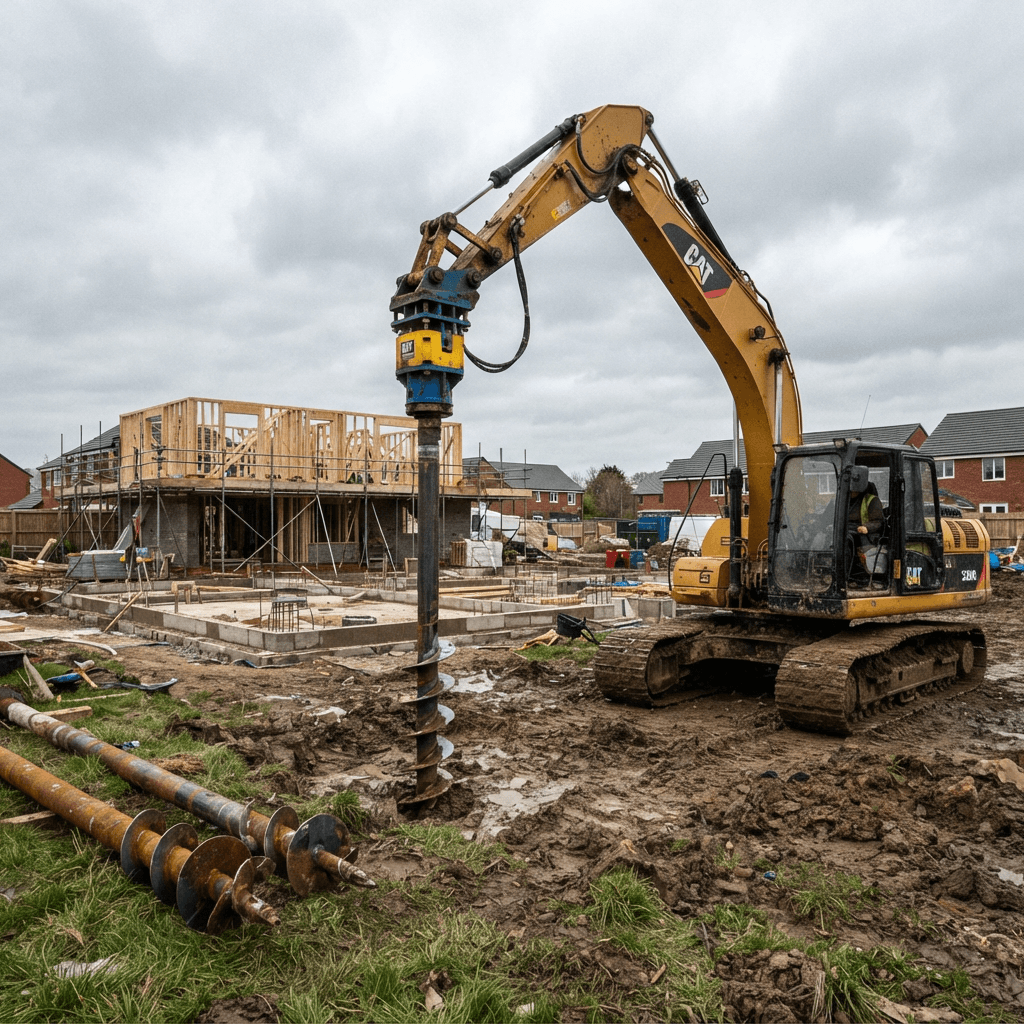 Hydraulic excavator with a rotary drive head installing a steel helical screw pile into the ground
