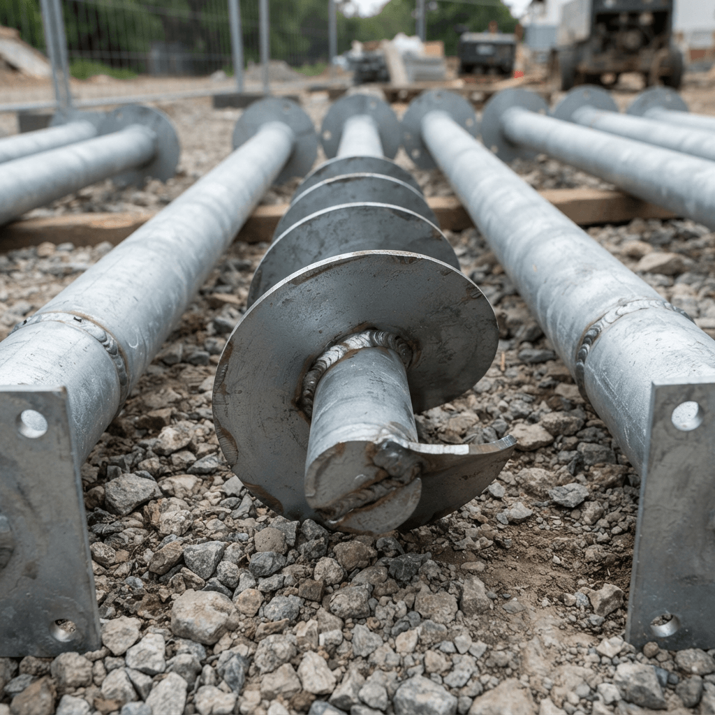 Steel helical piles with visible spiral helix plates lying side by side