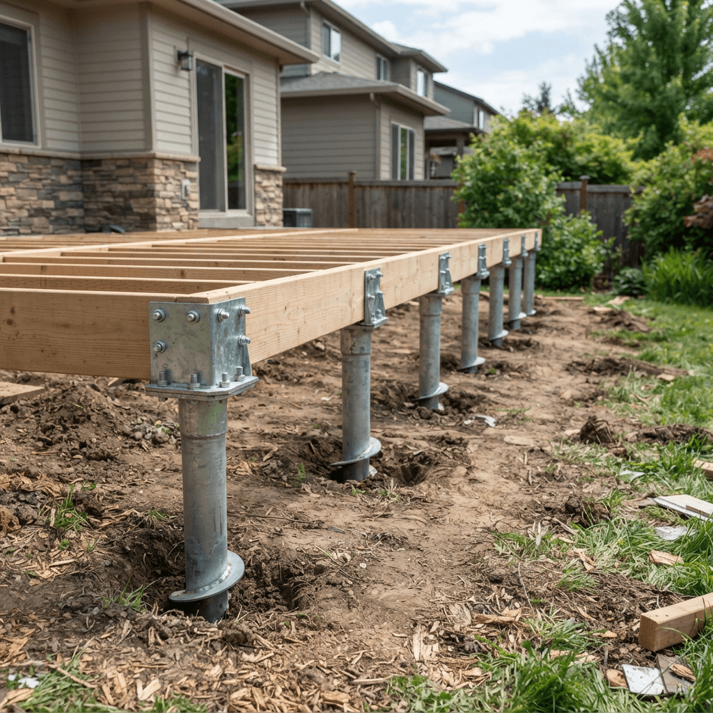 Row of installed steel screw piles with pile caps supporting deck framing